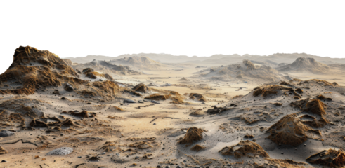 A rocky desert landscape under a clear sky, cut out - stock png.