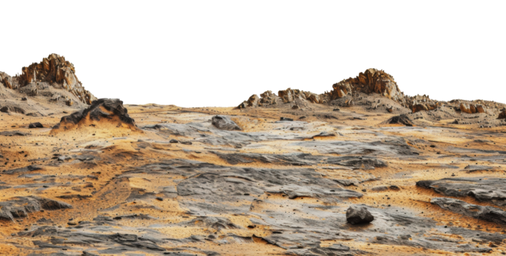 Rocky desert landscape with rugged cliffs and yellow sand, cut out - stock png.