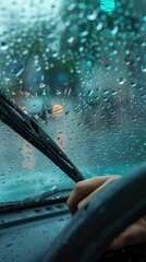 A close-up image of raindrops on a car windshield with a hand operating the wiper in the foreground, creating a gloomy atmosphere on a rainy day. The blurred background adds to the somber mood.