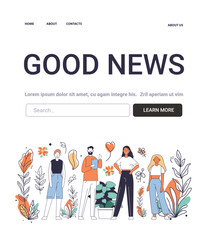 Good News Mental Health Concept diverse group of people standing together surrounded by plants and flowers positive atmosphere website design