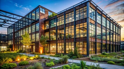 Modern cityscape with cranes and construction machines rebuilding infrastructure amidst sleek skyscrapers and revitalized urban landscape at sunset.