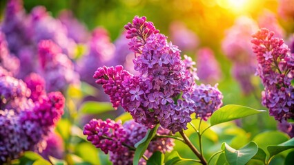 Obraz premium Vibrant purple Common Lilac blooms in sharp focus amidst blurred abstract colorful nature spring background in a serene Netherlands garden setting.