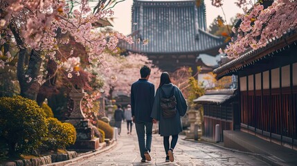 Fototapeta premium Couple Walking Through Cherry Blossoms in Kyoto
