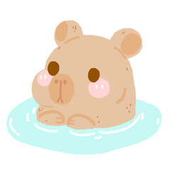 Hand drawn illustration kawaii cute pastel Capybara half submerged in the water, swimming