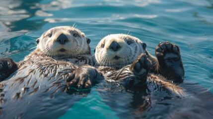 Fototapeta premium A few otters swim in a body of water, paws upraised at water's surface