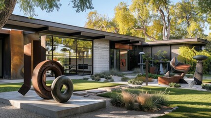 Modern ranch with a front yard featuring a minimalist sculpture garden, each piece crafted from different industrial materials