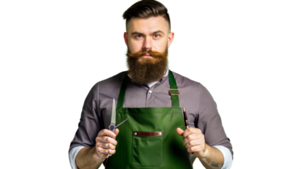 Barber Holding Scissors And Comb In Green Apron