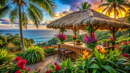 Vibrant tropical scenery featuring a colorful tiki bar surrounded by lush greenery, exotic flowers, and a serene ocean backdrop.