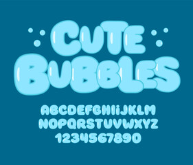 Cute Bubble Font. Kids Comic Alphabet. Inflated Letters and Numbers. Puffy Type.