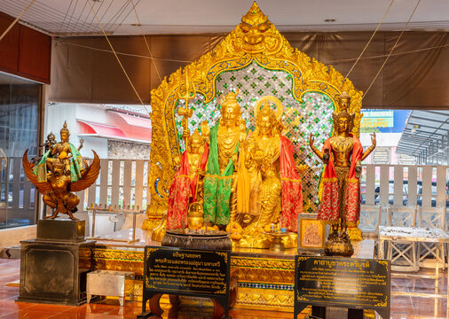 The bronze statues of Lord Shiva, Uma Devi and Ganesha are highly revered by many Buddhists. They often come to pay their respects here at Bang Yai Temple, Nonthaburi, Thailand.