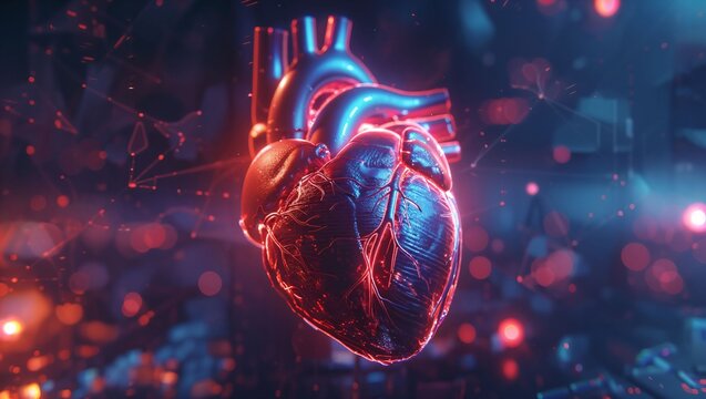 A highly detailed, futuristic digital illustration of a human heart with neon blue and red highlights. The image presents an artistic depiction with a bokeh background, resembling a sci-fi theme.