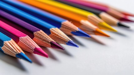 Fototapeta premium Arrangement of 12 colored pencils on white background with copy space