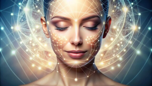 Glowing, youthful facial silhouette emerging from intricate network of fine lines, symbols, and gentle curves, conveying rejuvenation and beauty.