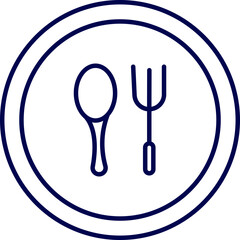 Dishware spoon with fork on plate icon in line art.