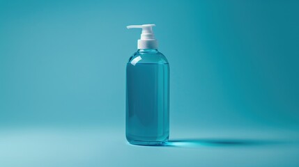 Antiseptic bottle on blue surface