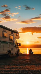 A group of happy family and friends enjoying a beautiful sunset from their rv parked in a scenic location. The warm light creates a serene and picturesque atmosphere.