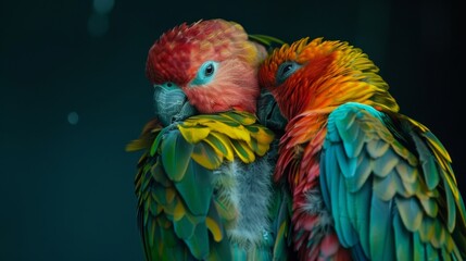 Obraz premium Two vibrant birds perched together on a tree branch against a dark backdrop