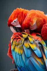 Obraz premium A close-up of a vibrant bird against a black background Bird features red, orange, yellow, blue, and green feathers