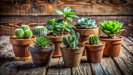 Close-up of small potted green plants with differing textures and sizes on a rustic wooden table backdrop.