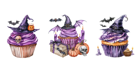 Set Halloween cupcake with purple frosting, witch hat topper and bat wings clip art set featuring pumpkins, candles, skull head in a box isolated on a white background