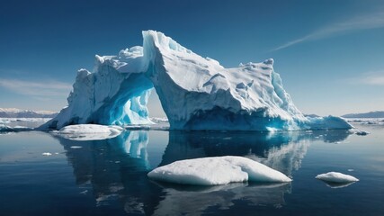 A breathtaking iceberg arch formation floating in the calm Arctic waters, reflecting beautifully under a clear blue sky.
