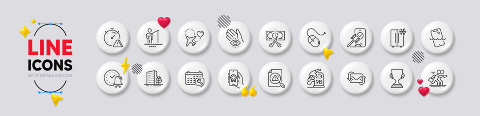 Computer mouse, Fisherman and Honeymoon travel line icons. White buttons 3d icons. Pack of Auction, Buildings, Search document icon. Refresh mail, Competition, Refrigerator pictogram. Vector