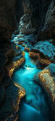 Glowing River Flowing Through Dark Rocky Canyon