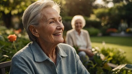 A joyful elderly woman with short gray hair smiling while relaxing on a bench in a lush garden on a sunny day.
