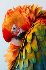 Obraz premium A tight shot of a vivid parrot's head, adorned with feathers, against a backdrop of a blue sky