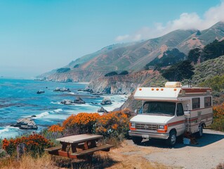 A cozy recreational vehicle parked at a serene picnic spot with a breathtaking view of the ocean and majestic mountains in the background, offering the perfect getaway for nature lovers and travelers.