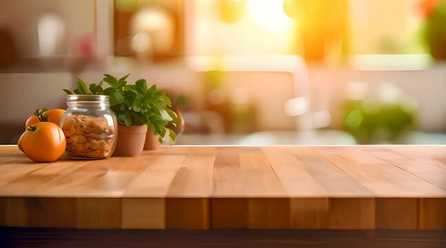 Wooden table in front of kitchen counter
