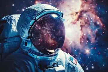 Front view astronaut potrait. Astronaut in space suit with galaxy and nebula reflection in helmet glass