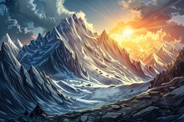 Majestic Mountain Landscape with Snowy Peak and Sunset