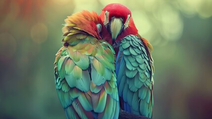  Two vibrant birds perch side by side on a tree branch against a hazy backdrop