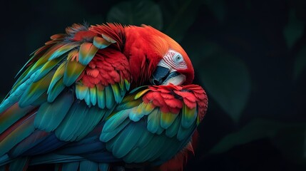 Fototapeta premium A tight shot of a vibrant bird perched on a leafy branch against a backdrop of green foliage, with a solid black background