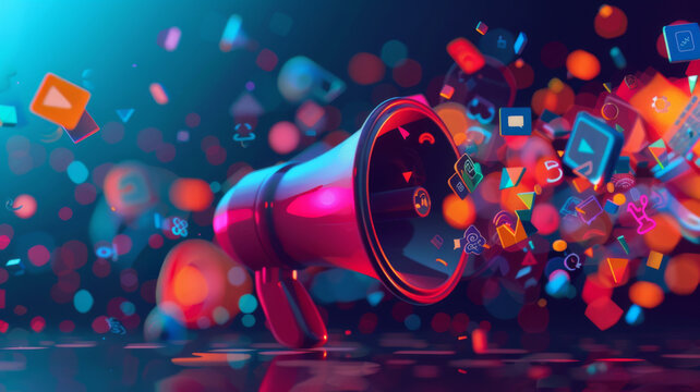 Vibrant  megaphone various marketing buzzwords like SEO social media  public relations Concept Marketing Trends