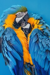  Two parrots, one blue and the other yellow, sit adjacent on a blue and white platform against a blue backdrop