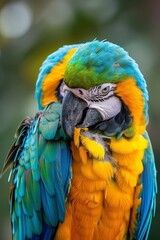 vivid blue and yellow feathers adorn its back Background slightly out of focus
