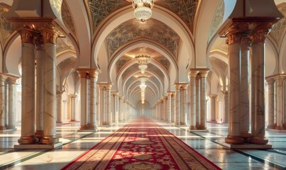 Obraz premium Exquisite interior of a grand palace or mosque featuring ornate, towering columns adorned with intricate designs, illuminated by soft ambient light