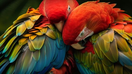 Obraz premium A tight shot of a vibrant parrot resting its head on another parrot's back, with closed eyes