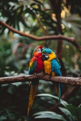 Naklejka premium Vibrant birds perch on a tree branch against a backdrop of lush, green forest teeming with trees