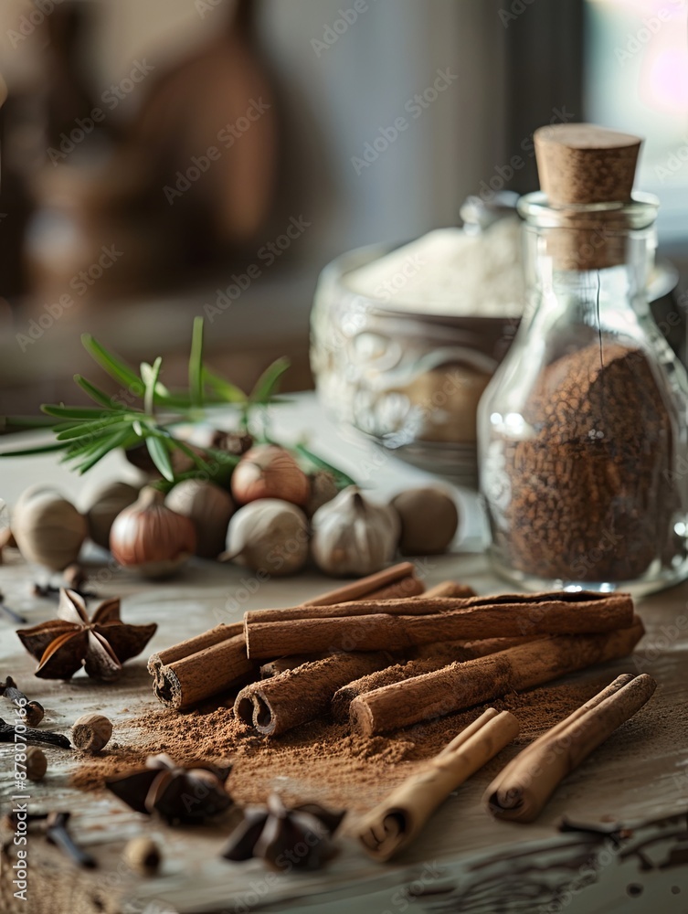 Poster close-up of cinnamon sticks and other spices arranged on a rustic wooden countertop.
