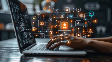 Internet conceptual image with laptop doing computing worldwide data