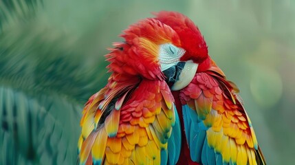 Fototapeta premium A tight shot of a vibrant bird perched on a branch against a softly blurred backdrop of palm trees