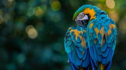 Obraz premium A tight shot of a vibrant blue-and-yellow parrot perched on a branch against slightly blurred background trees