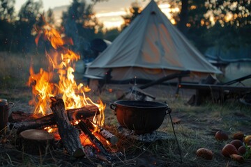 Campfire Sunset: Cozy Tent and Crackling Firewood for Outdoor Cooking