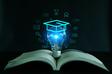 Light bulb is placed on a book. E-learning education, internet lessons and webinars, online education concept