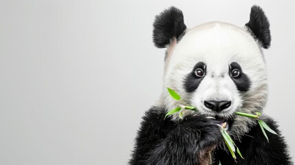 Fototapeta premium A panda bearsically holds a bamboo stalk between teeth, gazing at the camera with an expression of mild astonishment