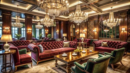 Fototapeta premium Opulent velvet sofas, crystal chandeliers, and rich wood accents create an extravagant atmosphere in an upscale, elegantly lit cocktail lounge.