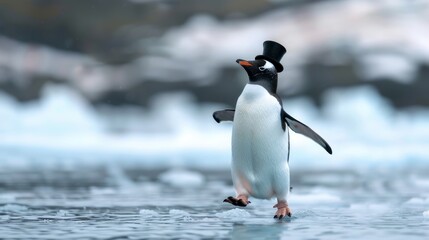 Fototapeta premium A penguin wading through water, head tilted back, giving an illusion of emerging from it